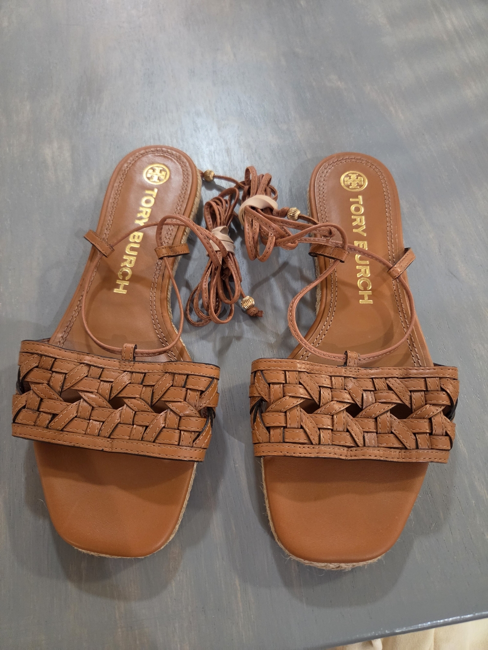Tory Burch Basketweave Lace-Up Women's Sandals in Cognac - Picture 5 of 15